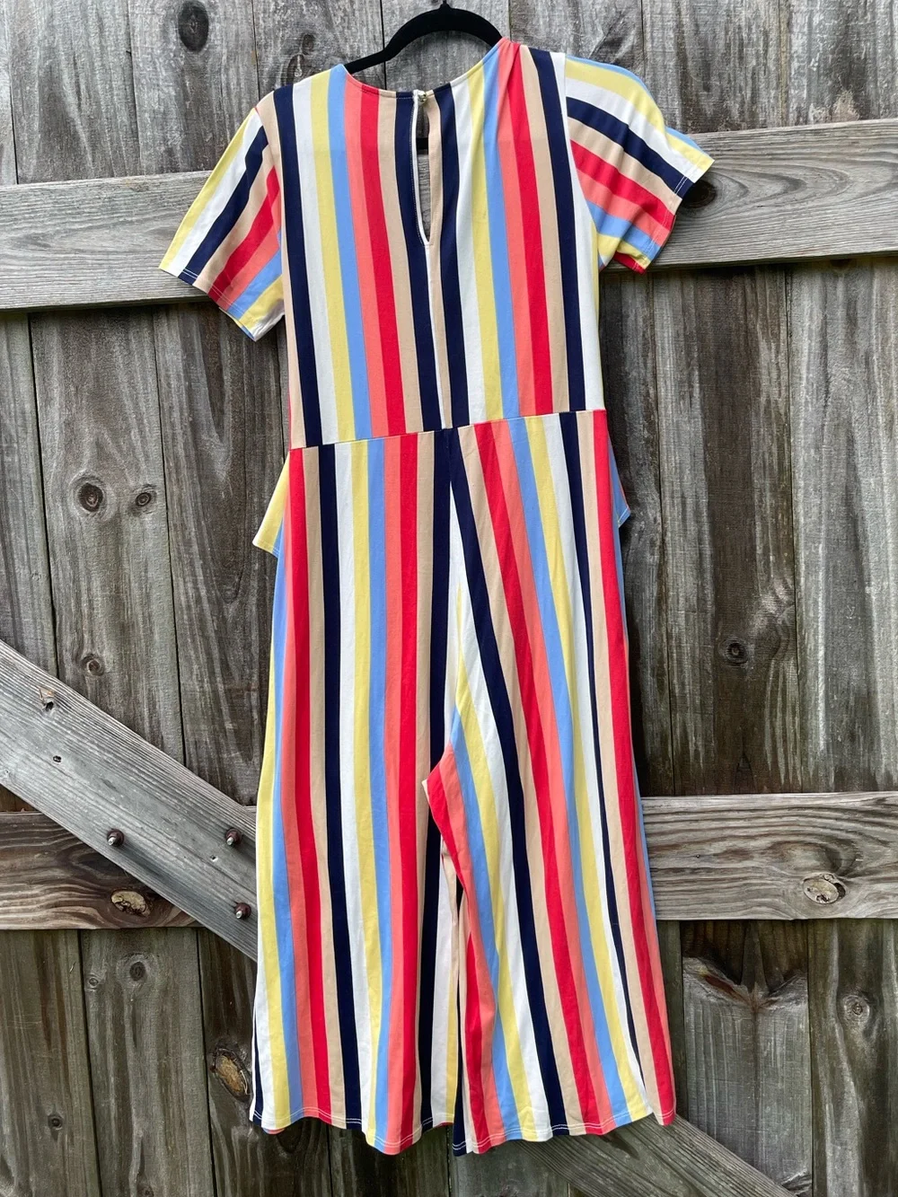 Striped Wrap-Front Short Sleeve Jumpsuit in Multi Color size 1X - Picture 8 of 10